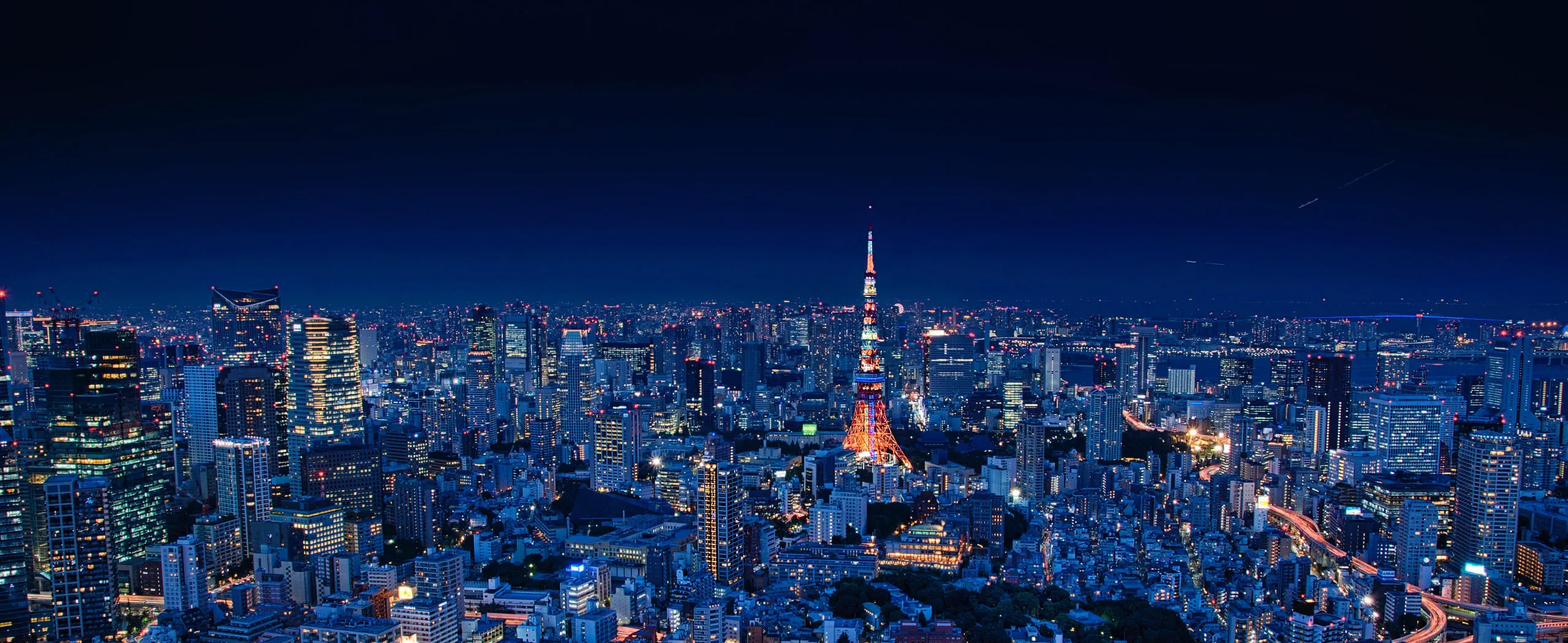 Nachtsicht auf die Skyline von Tokio mit beleuchteten Gebäuden und dem Tokyo Tower